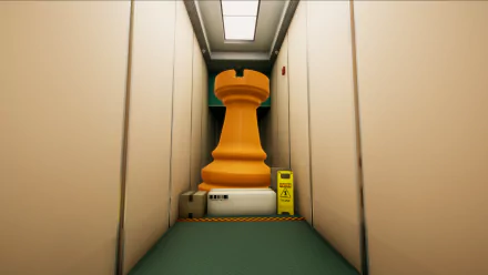 An HD desktop wallpaper from the video game Superliminal, featuring a giant orange chess piece in a narrow hallway, creating a surreal, thought-provoking atmosphere.