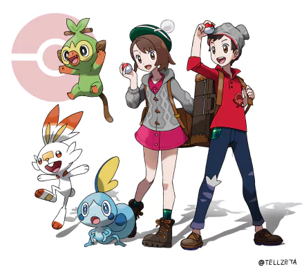 pokeball Grookey (Pokémon) Scorbunny (Pokémon) Sobble (Pokémon) Victor (Pokémon) Gloria (Pokémon) video game Pokémon: Sword and Shield HD Desktop Wallpaper | Background Image