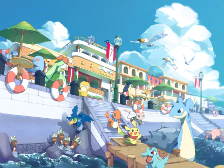 HD PC desktop wallpaper featuring vibrant Pokémon characters relaxing and interacting by a seaside pier under a bright blue sky.