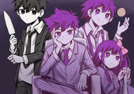 HD PC desktop wallpaper featuring Aubrey, Kel, Omori, and Hero from the video game OMORI in a stylized, vibrant group portrait.