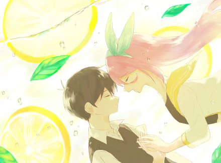 HD PC desktop wallpaper of Sunny (Omori) and Aubrey (Omori) from the video game OMORI: they smile forehead-to-forehead amid floating lemon slices and leaves in soft pastel light.