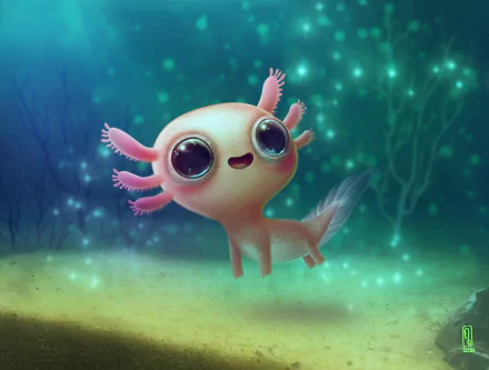 HD desktop wallpaper featuring a fantasy animal axolotl with large eyes, glowing gently in an underwater scene filled with soft blue and green light.