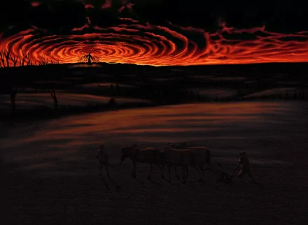 A striking HD anime wallpaper inspired by Berserk, featuring a dramatic sunset with swirling clouds and silhouetted figures guiding horses across a dark landscape.