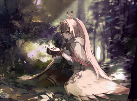 HD PC desktop wallpaper featuring Nanashi Mumei, a Virtual YouTuber from hololive, depicted in an enchanting forest with soft, glowing light effects.