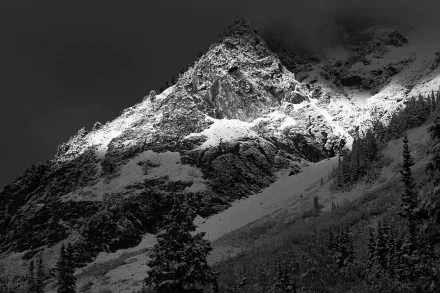 Black and white 4K Ultra HD desktop wallpaper showing a snow-capped mountain peak surrounded by trees under a dramatic sky.