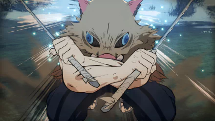 Inosuke Hashibira in boar mask crouched with crossed swords, dynamic water-lit attack pose from Demon Slayer -Kimetsu no Yaiba- The Hinokami Chronicles video game — HD PC desktop wallpaper.