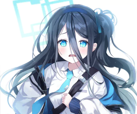 Tendou Arisu from the Blue Archive video game, wide blue eyes and long dark hair, clutching her tie in a nervous pose — 2K Quad HD PC desktop wallpaper background.