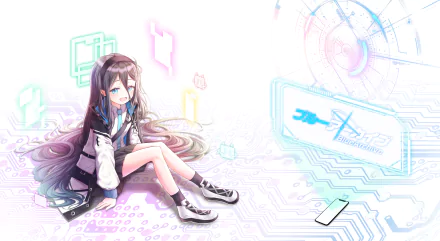 Tendou Alice from the video game Blue Archive sits amid neon circuit patterns and holographic UI elements — 5K Ultra HD PC desktop wallpaper in pastel cyberpunk style.