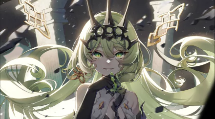 2K Quad HD PC wallpaper of Mobius from Honkai Impact 3rd video game: long pale-green hair, glowing green eyes, spiked crown headpiece, ethereal light and floating shards.