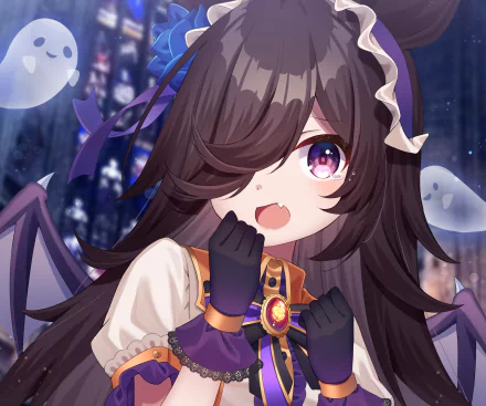 Rice Shower from Uma Musume: Pretty Derby — anime 2K Quad HD PC desktop wallpaper. Close-up of surprised Rice Shower with long dark hair, purple eye, gothic outfit and small bat wings.