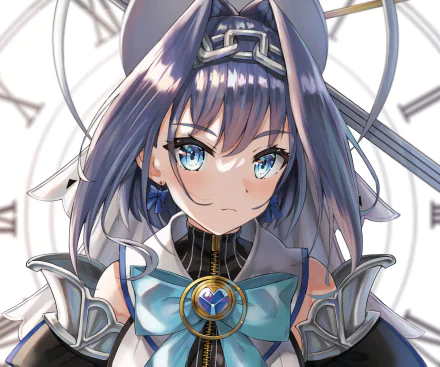 HD anime-style desktop wallpaper featuring Ouro Kronii, a Virtual YouTuber from hololive, with striking blue eyes and intricate clock-themed design elements.