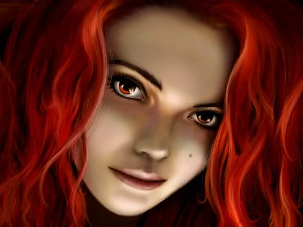 HD desktop wallpaper featuring a fantasy-themed woman with striking red hair, intense eyes, and a captivating expression.