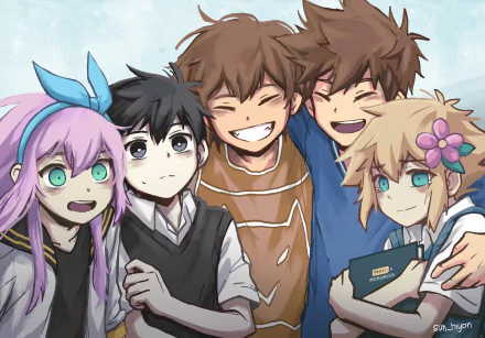 HD PC desktop wallpaper featuring Basil, Hero, Kel, Aubrey, and Sunny from the video game OMORI, showcasing the group's close friendship and distinct personalities.