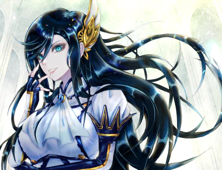 Brunhilde from Record of Ragnarok depicted in detailed anime style with flowing black hair and ornate armor, rendered as a stunning HD PC desktop wallpaper.
