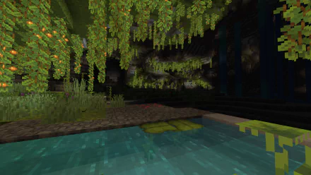 HD PC desktop Minecraft wallpaper: lush underground cave with hanging vines, glowing moss, lily pads and a clear reflective pool.
