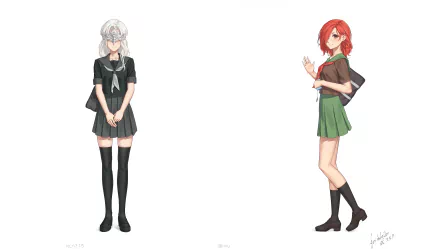 2K Quad HD PC desktop wallpaper showing two Fire Keeper designs from the video game Dark Souls III: a silver‑haired girl in a black school uniform and a red‑haired girl in a green skirt holding a book.