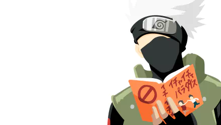 Minimalist 4K PC anime wallpaper of Kakashi Hatake with white hair and mask reading an orange book — Naruto-themed desktop background.