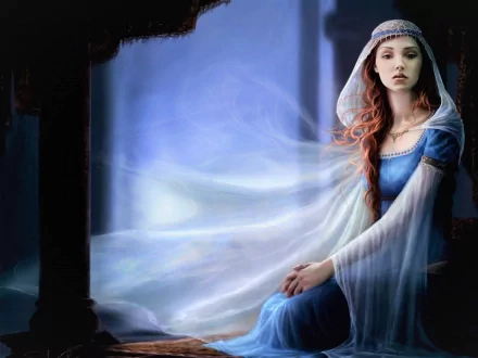 HD desktop wallpaper featuring a fantasy woman in a blue dress and veil, seated against a dreamy, ethereal backdrop.