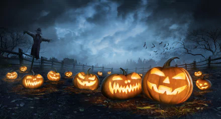 A 4K Ultra HD Halloween wallpaper featuring glowing jack-o'-lanterns in a dark, eerie field under a cloudy night sky with a scarecrow and flying bats.