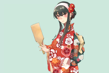 Yor Forger in a red floral kimono holding a wooden paddle against a pale teal backdrop — anime 5K Ultra HD PC desktop wallpaper (Spy x Family)