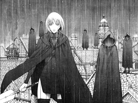 HD anime desktop wallpaper featuring a Claymore character in a dark cloak standing in a rainy, medieval-style town with shadowy figures in the background.