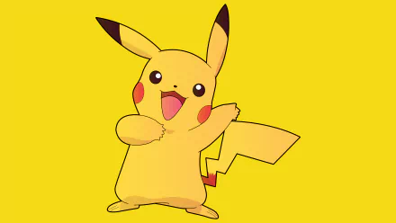 HD desktop wallpaper featuring Pikachu, the beloved Pokémon character, set against a vibrant yellow background. This anime image captures Pikachu's playful expression and energetic pose.