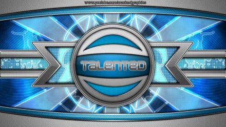 Artistic HD PC desktop wallpaper and background showing a metallic blue emblem labeled Talented, neon lightning bolts and geometric futuristic accents on textured metal.