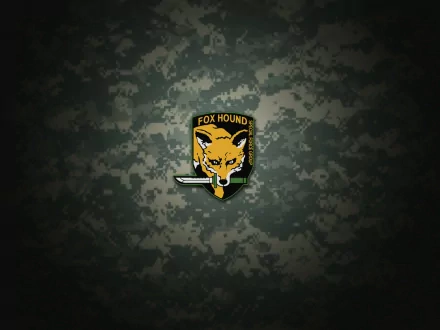 HD PC wallpaper featuring the FOXHOUND emblem from Metal Gear Solid, set against a military camo background, blending elements of army and video game themes.
