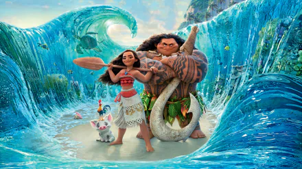 HD desktop wallpaper featuring Moana Waialiki, Maui, Heihei, and Pua from the movie Moana, standing on a sandy beach with waves forming a tunnel around them.