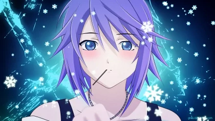 HD wallpaper featuring Mizore Shirayuki from Rosario + Vampire, showcasing her with snowy effects and a captivating expression against a vibrant blue backdrop.