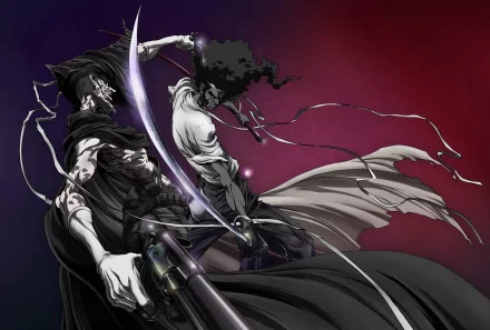 HD PC desktop wallpaper featuring dynamic anime characters from Afro Samurai against a deep red background, capturing intense action and stylized design.