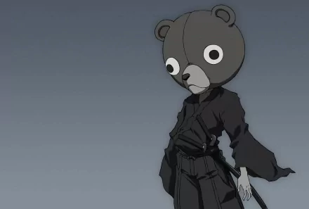 A captivating HD desktop wallpaper featuring Kuma from Afro Samurai, showcasing the character in a black outfit with a bear-head mask, set against a minimalistic background.