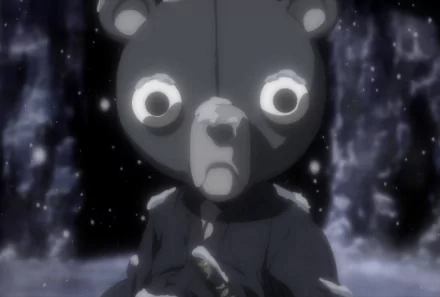 Kuma (Afro Samurai) anime: close-up of a bear-masked figure with wide eyes standing in a snowy, moonlit forest — HD PC desktop wallpaper/background.