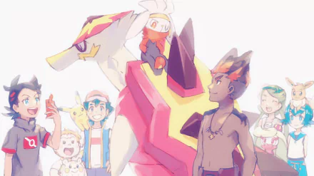 HD anime-style Pokémon desktop wallpaper featuring trainers and their Pokémon, including Pikachu, Blaziken, and Darmanitan, in a vibrant, dynamic composition.