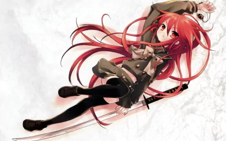 Anime HD wallpaper of Shana from Shakugan No Shana with long red hair, thigh highs, skirt, and bow, lying down while holding her katana weapon.