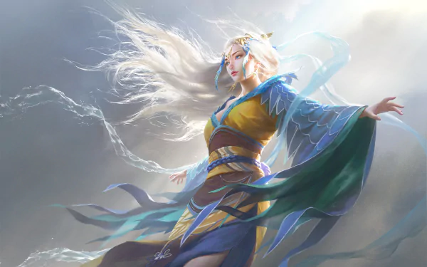 Man-made HD PC desktop wallpaper of Mu Yanling from Magic: The Gathering — a robed, wind-swept sorceress with flowing white hair and shimmering water magic.