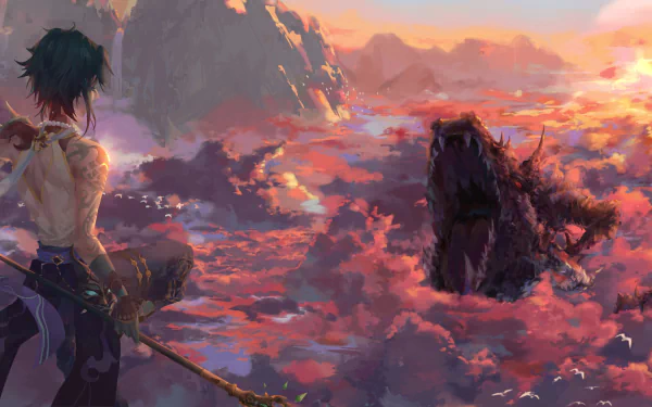 Xiao from Genshin Impact stands poised against a vibrant, cloud-filled sunset, embodying the adventure and beauty of this popular video game in stunning 4K Ultra HD.