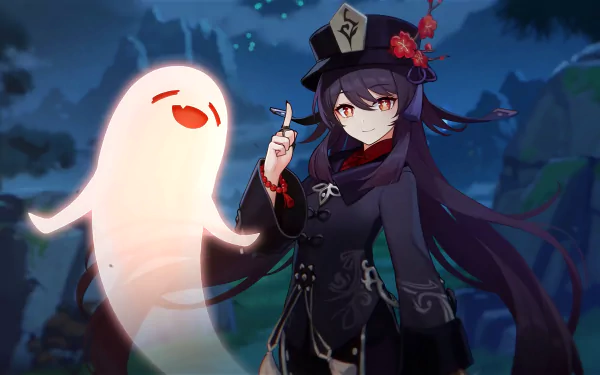 HD desktop wallpaper featuring Hu Tao from the video game Genshin Impact, with a spectral entity beside her in a mystical nighttime setting.