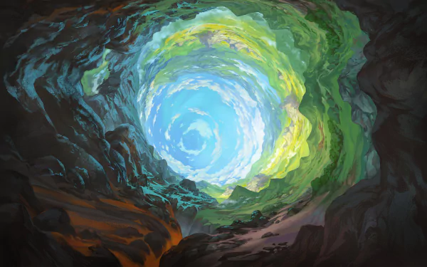 HD desktop wallpaper depicting a captivating sci-fi landscape with a colorful, swirling portal in a rocky cavern.