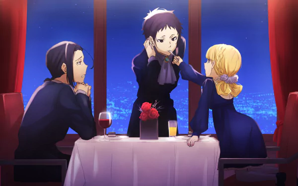 HD anime desktop wallpaper featuring Ōgai Mori, Elise, and Ryūnosuke Akutagawa from Bungo Stray Dogs, seated at a candlelit table with a nighttime cityscape background.