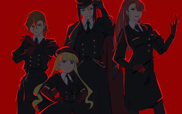 HD anime wallpaper of Kōyō Ozaki, Chūya Nakahara, Ōgai Mori and Elise from Bungo Stray Dogs in dark uniforms, backlit and silhouetted against a deep red background.