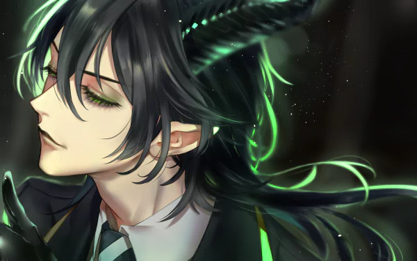 Malleus Draconia, Twisted Wonderland video game character: close-up portrait with dark hair, glowing green horns and eyes — 2K Quad HD PC desktop wallpaper background.