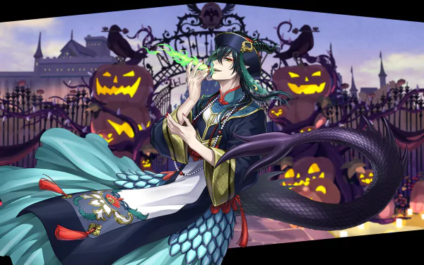HD PC desktop wallpaper background: Malleus Draconia from Twisted Wonderland (video game) in ornate robes, teal hair and a coiling draconic tail before a wrought-iron gate and glowing jack-o'-lanterns.