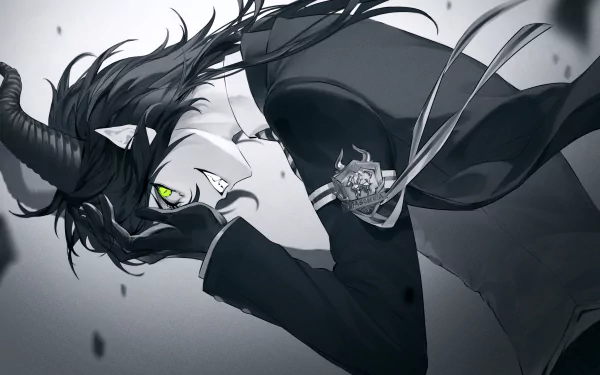 Malleus Draconia (Twisted Wonderland video game) — horned figure with glowing green eye, flowing hair and cloak in a monochrome HD PC desktop wallpaper, shown in a dynamic diagonal pose.