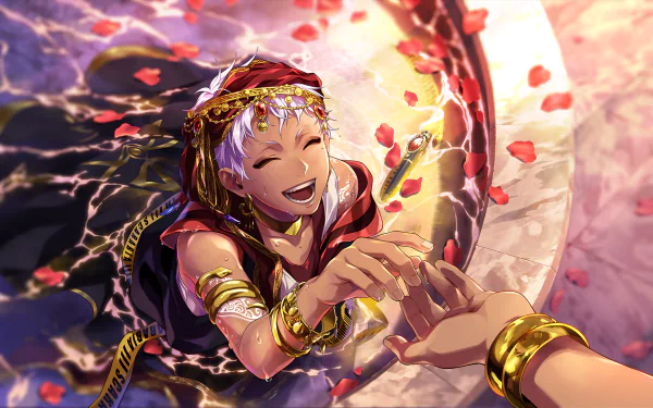 Kalim Al-Asim from the video game Twisted Wonderland laughs, reaching out amid swirling rose petals and golden light — vibrant HD PC desktop wallpaper and background.