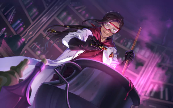Jamil Viper from the video game Twisted Wonderland — HD PC desktop wallpaper/background: wearing goggles and lab coat, stirring a glowing purple potion in a moody alchemy lab.