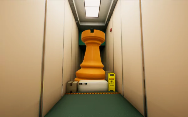 An HD desktop wallpaper from the video game Superliminal, featuring a giant orange chess piece in a narrow hallway, creating a surreal, thought-provoking atmosphere.