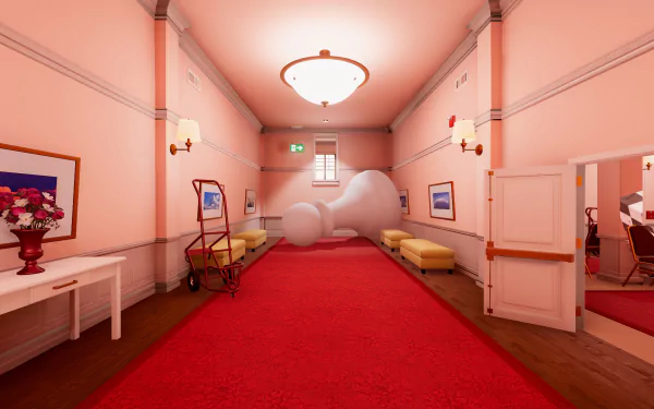 HD wallpaper featuring a Superliminal game scene with perspective-bending hallway for desktop background.