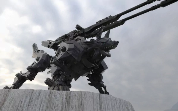 HD anime-style Zoids desktop wallpaper featuring a mechanical, wolf-like robotic creature poised on a ledge under a cloudy sky.