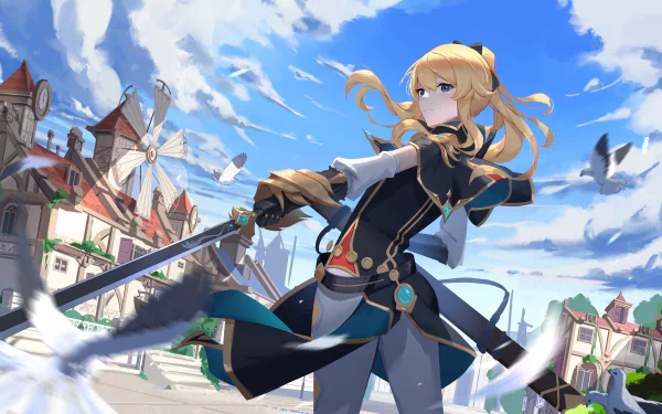 4K Ultra HD PC wallpaper featuring Jean from the video game Genshin Impact, set against a bright, detailed townscape with a windmill under a vibrant sky.